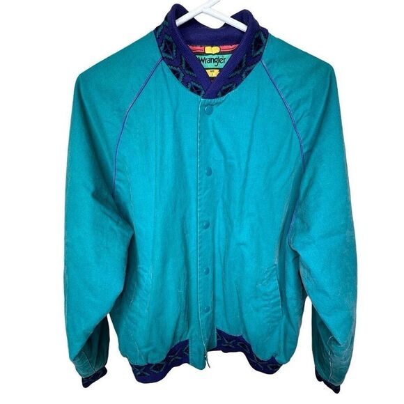VTG 90s Wrangler Brush Popper Turquoise Button Down Jacket Coat Medium Aztec Blu - Picture 1 of 5